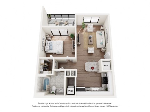 Floor plan for 1 bed, 1 bath, 696 sqft